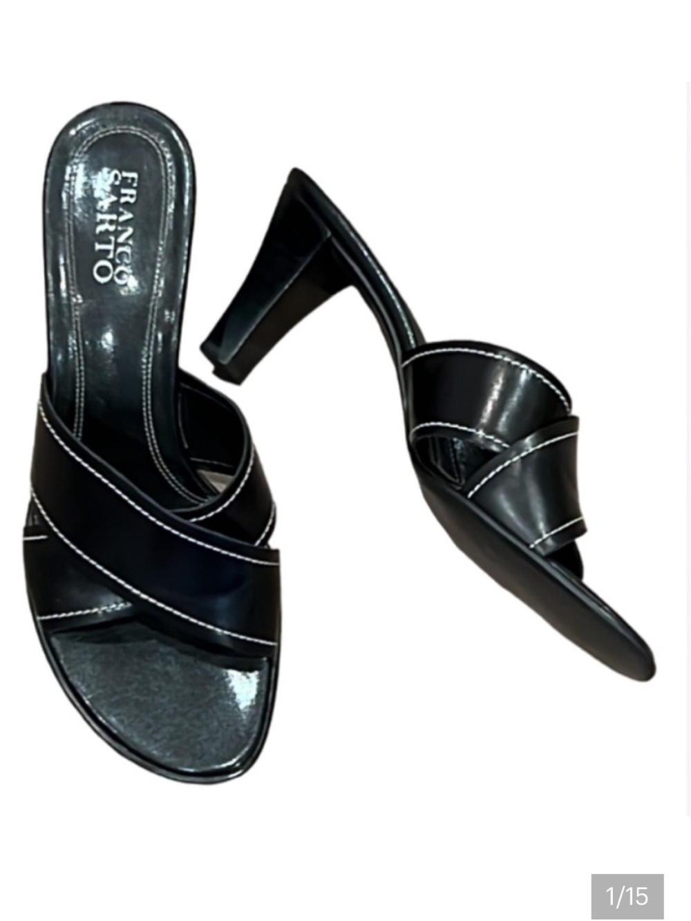 Franco Sarto Black Crossover Strap Sandals Heel 8.5M Timeless Classic Y2K